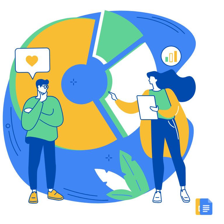 Illustration of two people discussing a pie chart with data insights and speech bubbles